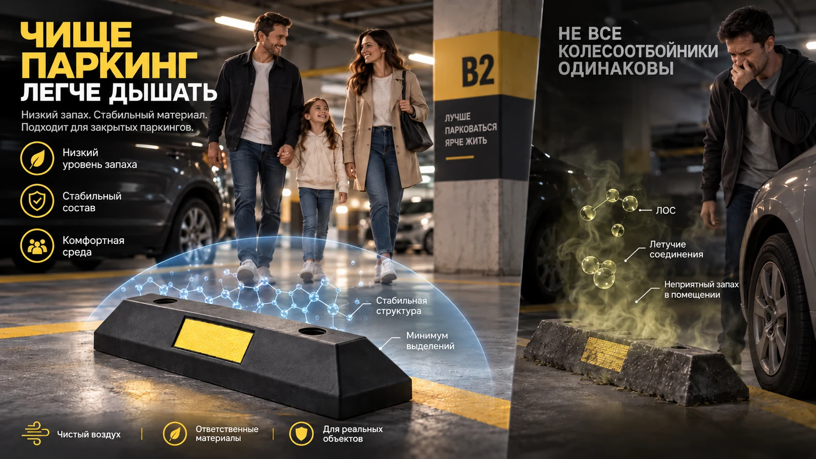 Наглядное сравнение колесоотбойника с низким запахом и дешёвого аналога с летучими соединениями