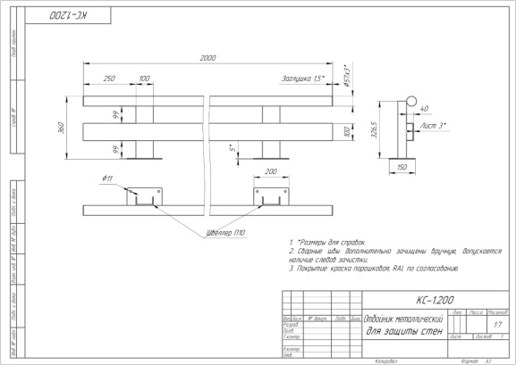 Отбойник прямой металлический для защиты стен КС-1 