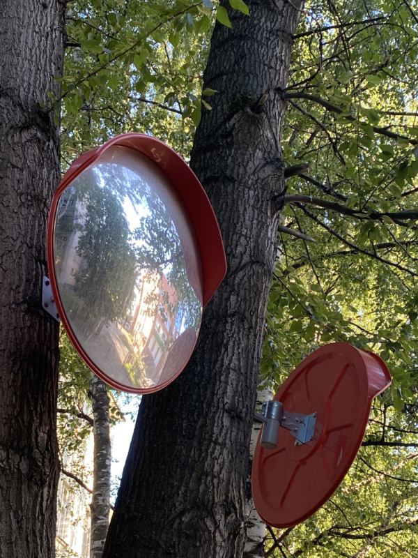Дорожные зеркала ЗС-1200 с козырьком, установленные на дерево, г. Ярославль, ул. Володарского, 1