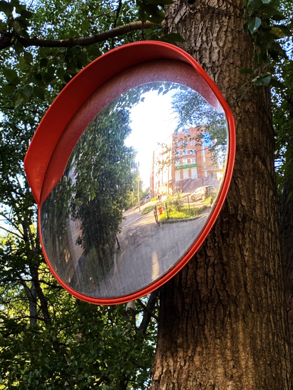Зеркало сферическое с козырьком ЗС-1200 на дереве перед участком с ограниченным обзором дороги, ул. Володарского, д.1, г. Ярославль